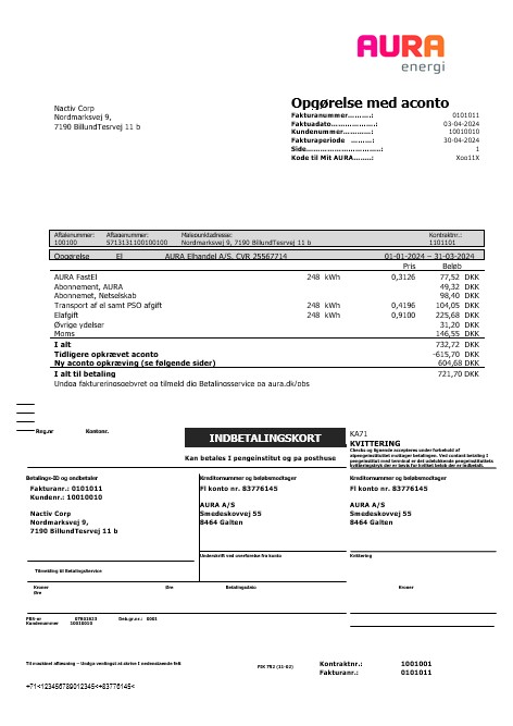 Denmark AURA Energi business utility bill template in Word and PDF formats
